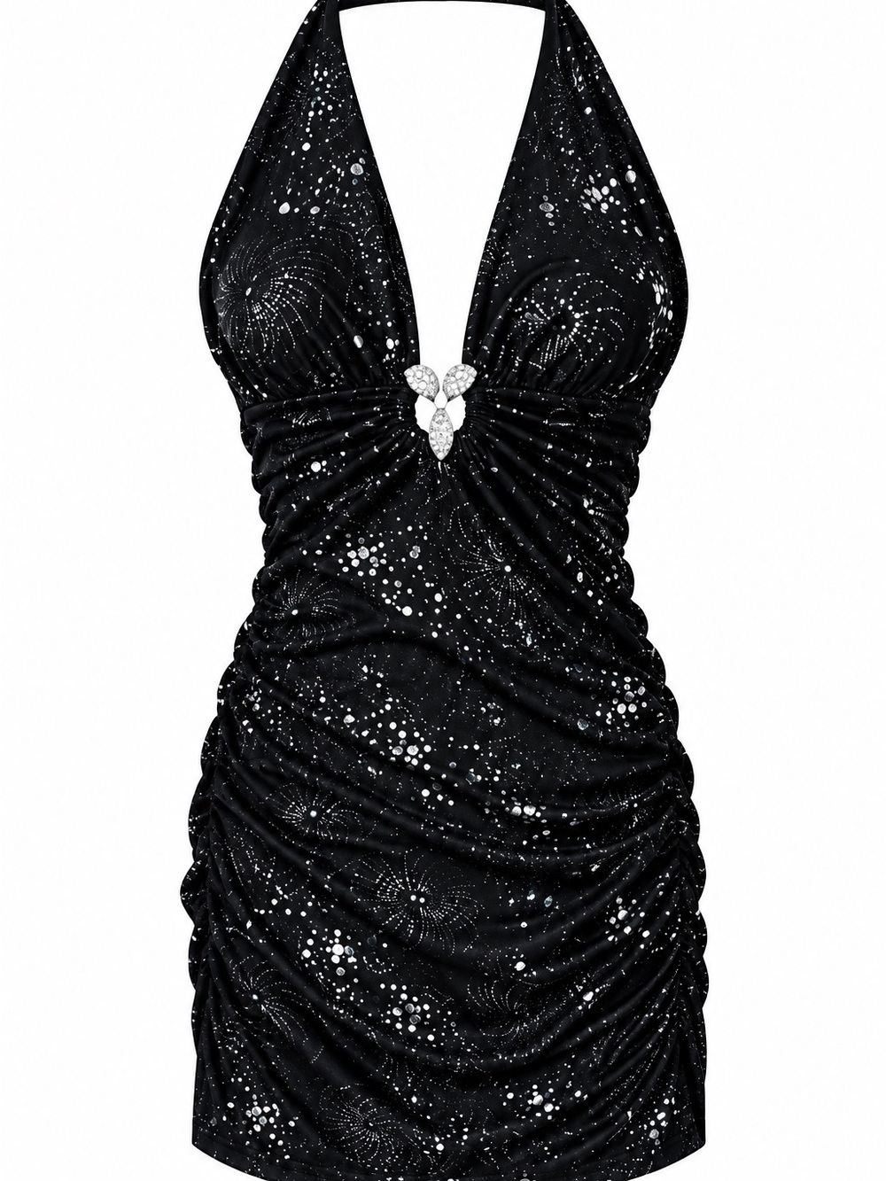 Black Halter Ruched Mini Dress with Sparkle Detail